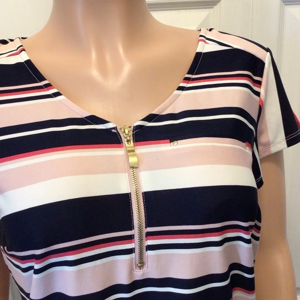 NWOT Roz & Ali Womens Pink/Blue Striped Short Sleeve Quarter Zip Top Size Medium